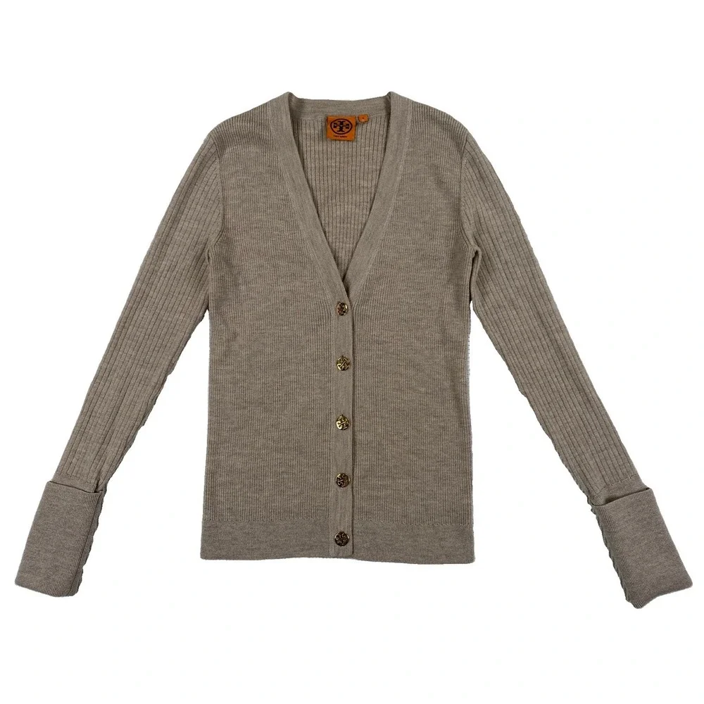 Tory Burch Merino Wool Ribbed Cardigan Sweater Women's Medium Gold Buttons